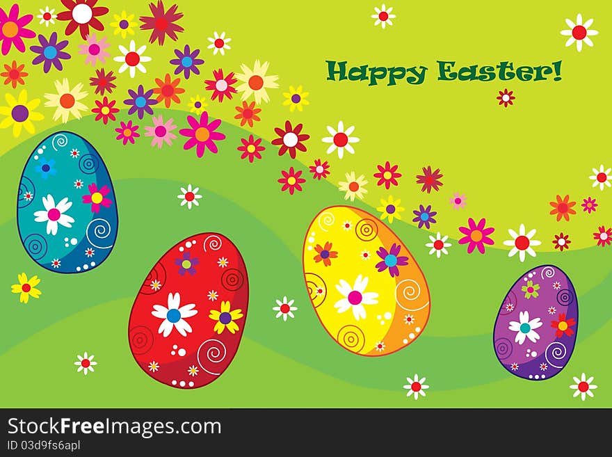 Happy Easter illustration with colored eggs can be used as postcard. Happy Easter illustration with colored eggs can be used as postcard