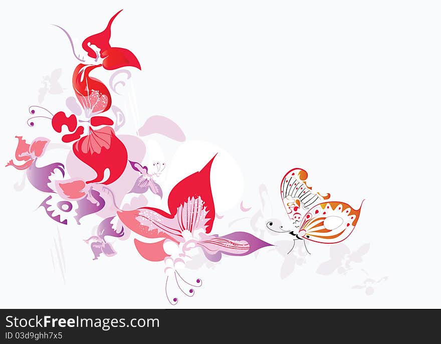 Floral background in red colors with butterfly