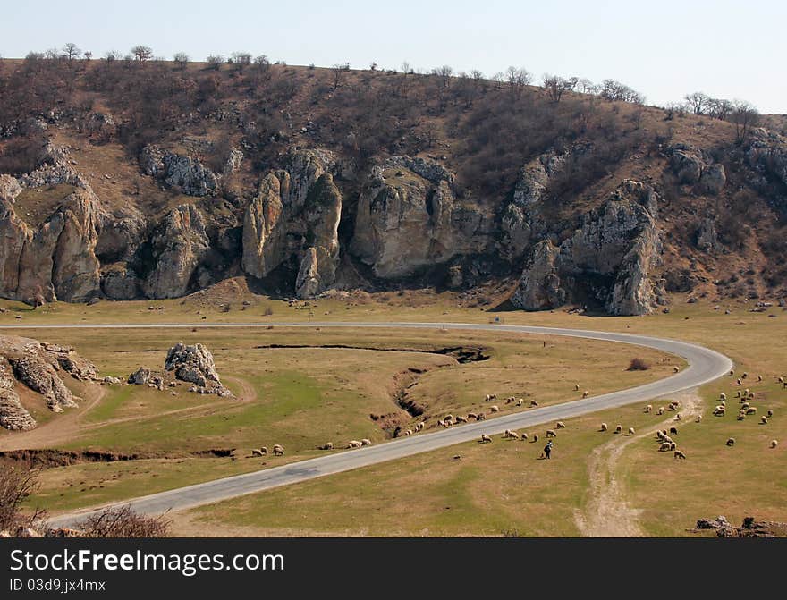 Country road with sheeps  through the rocky hills.