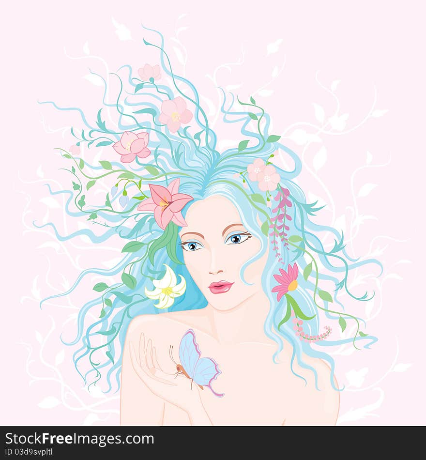 Beautiful woman with flower in her hair. Vector illustration. Beautiful woman with flower in her hair. Vector illustration.