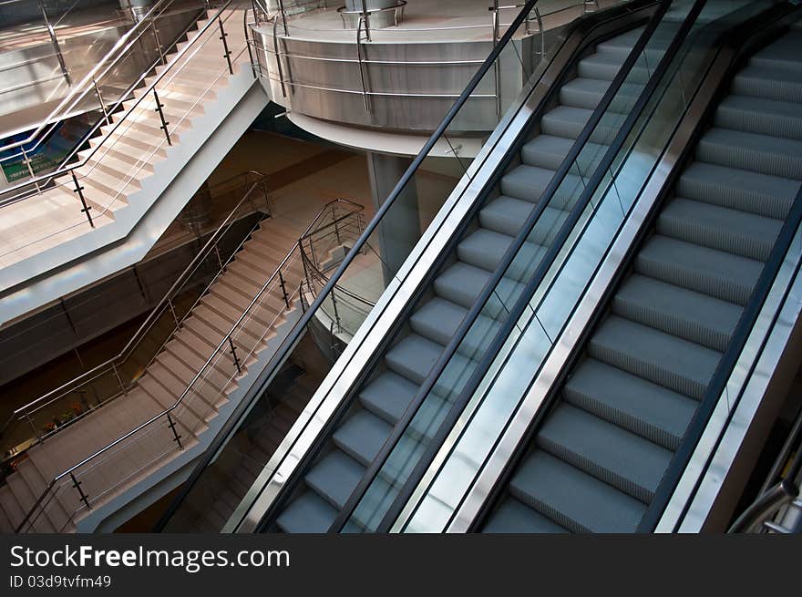 Escalators and stairs in a modern office building