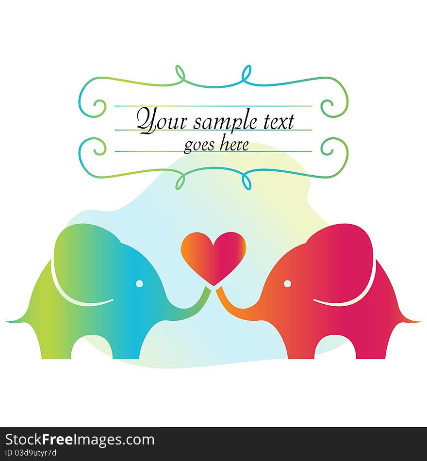 Beautiful greeting card with frame for text and baby elephants holding heart.