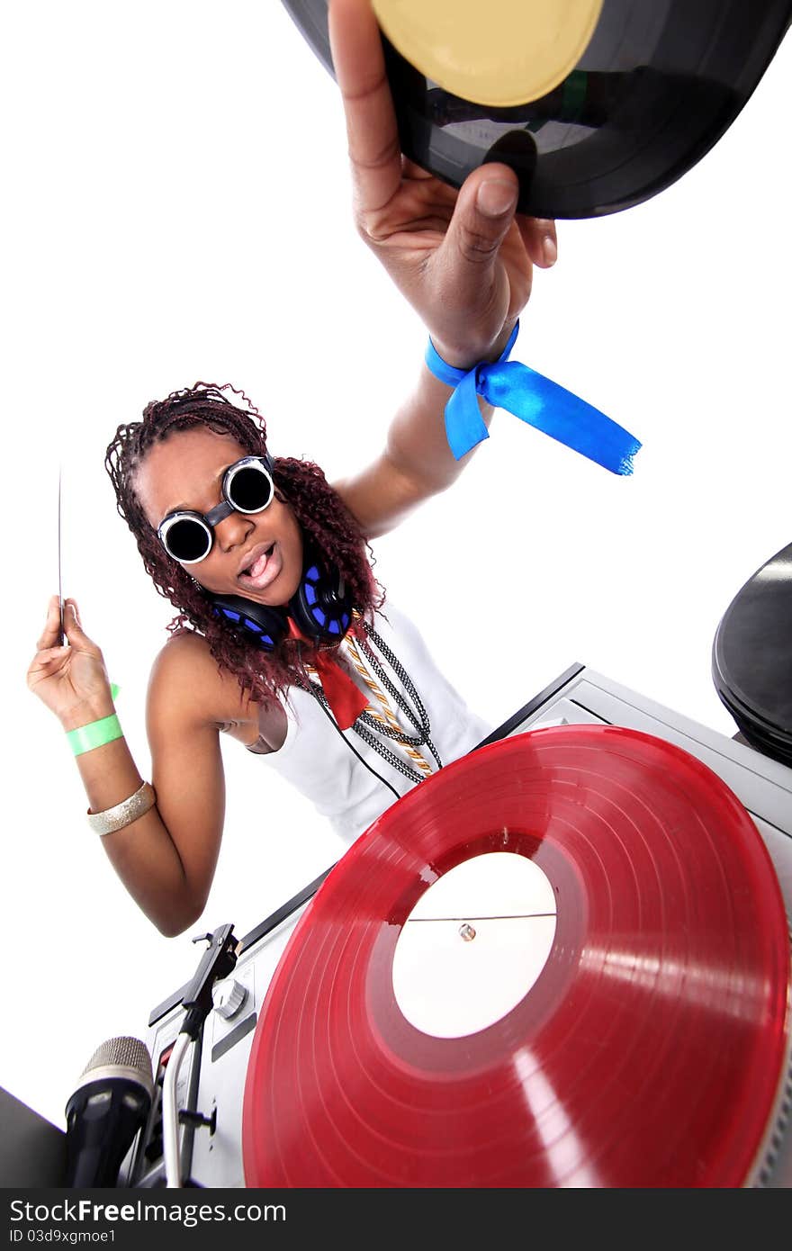 Cool afro american DJ in action isolated on white