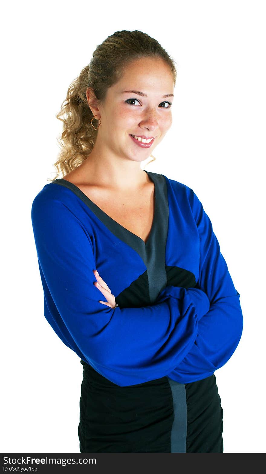 The smiling beautiful girl in dress of blue and black colors on a white background.