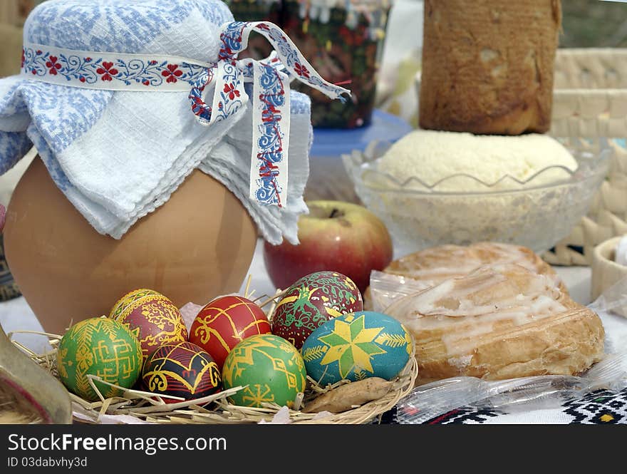 Russian easter - eggs, traditional meals and earthenware pot. Russian easter - eggs, traditional meals and earthenware pot