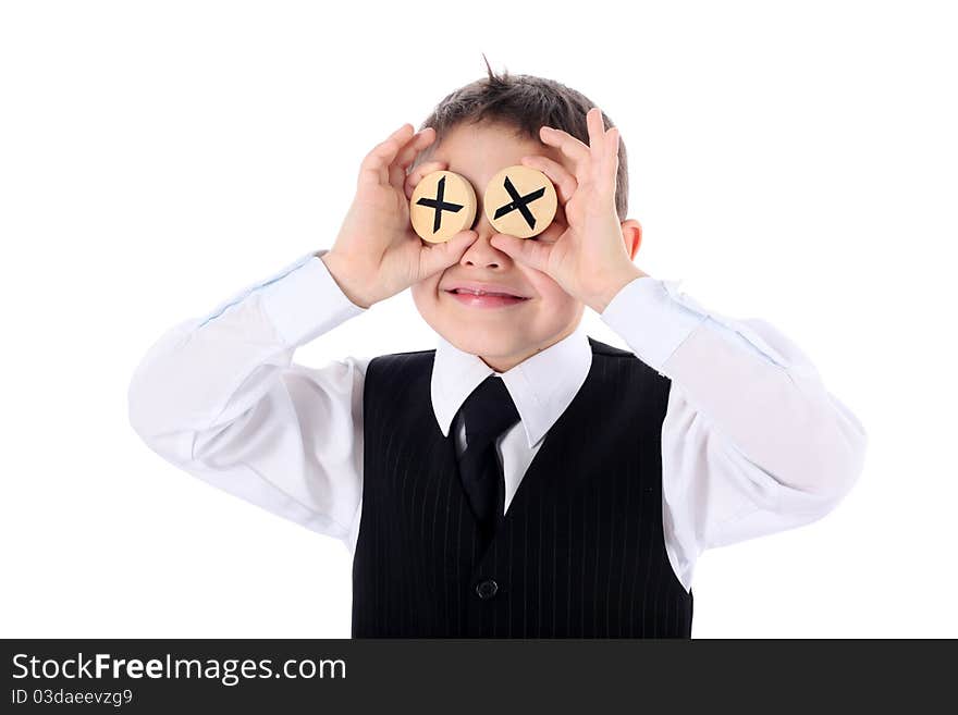 Schoolboy with two wooden round