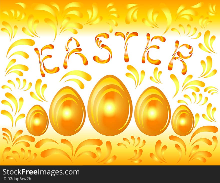 Golden Easter background with eggs and curlicues