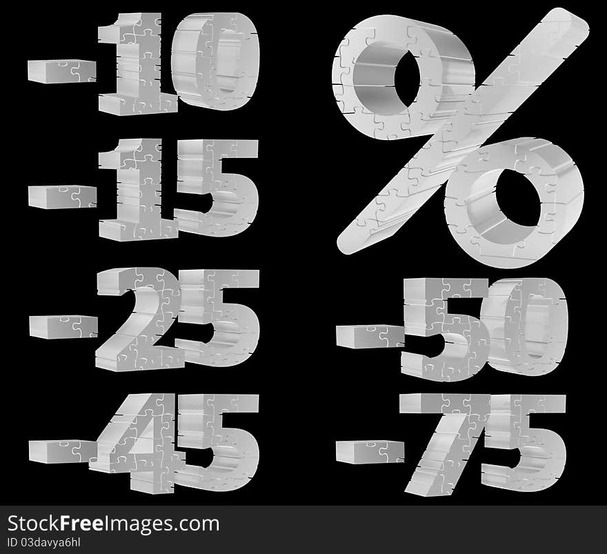 Illustration on discounts - percent sign - numbers - Puzzle - isolated. Illustration on discounts - percent sign - numbers - Puzzle - isolated