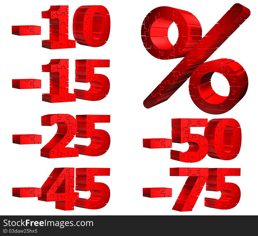 Illustration on discounts - percent sign - numbers - Puzzle - isolated. Illustration on discounts - percent sign - numbers - Puzzle - isolated