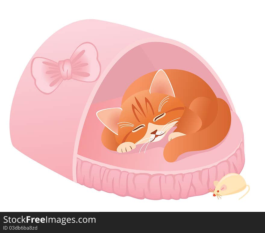 Cute red kitten sleeping in its pink bed. Vector illustration. Cute red kitten sleeping in its pink bed. Vector illustration.