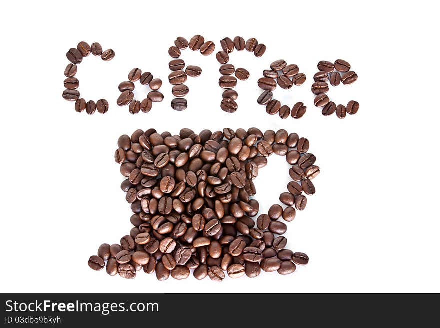 Coffee cup made of coffee beans on white background