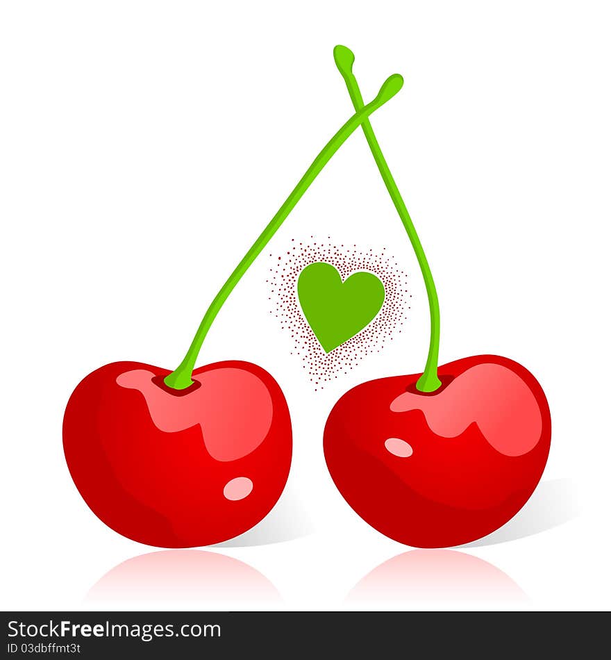 Two red cherries and heart. A illustration. Two red cherries and heart. A illustration