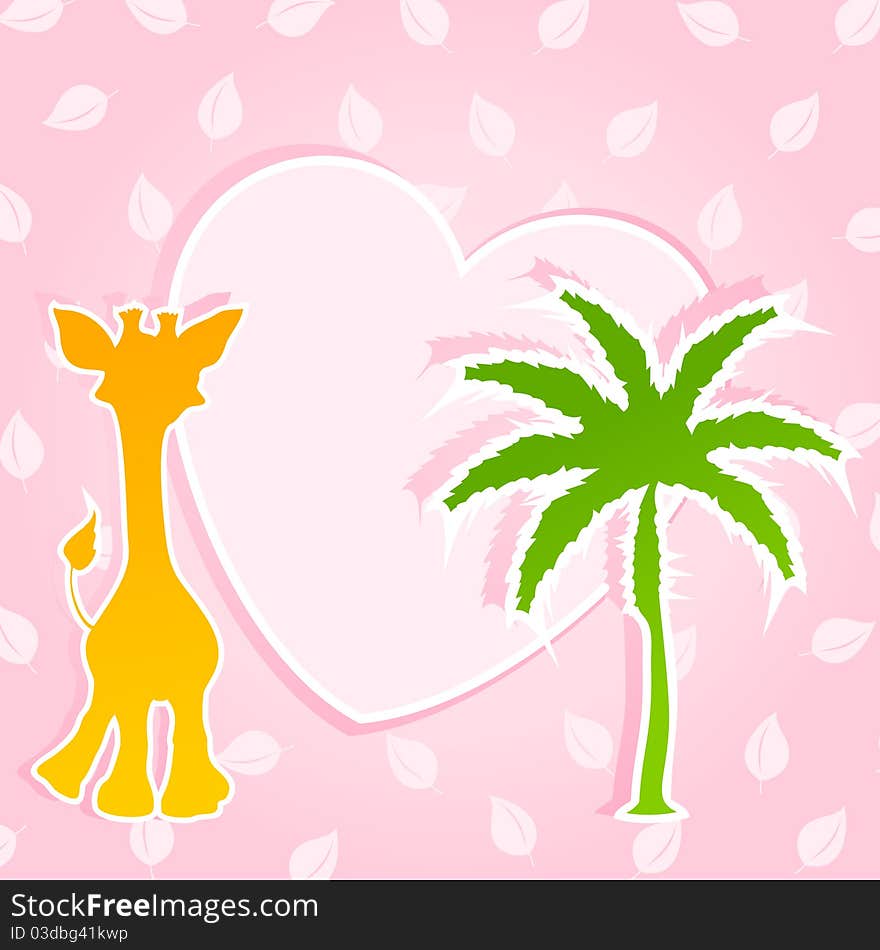 Card for children with a giraffe and a palm tree. A illustration