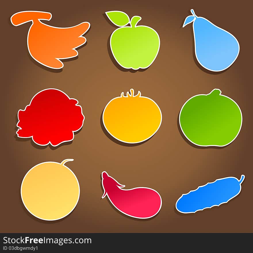 Icons of vegetables and fruit on a brown background. A illustration. Icons of vegetables and fruit on a brown background. A illustration