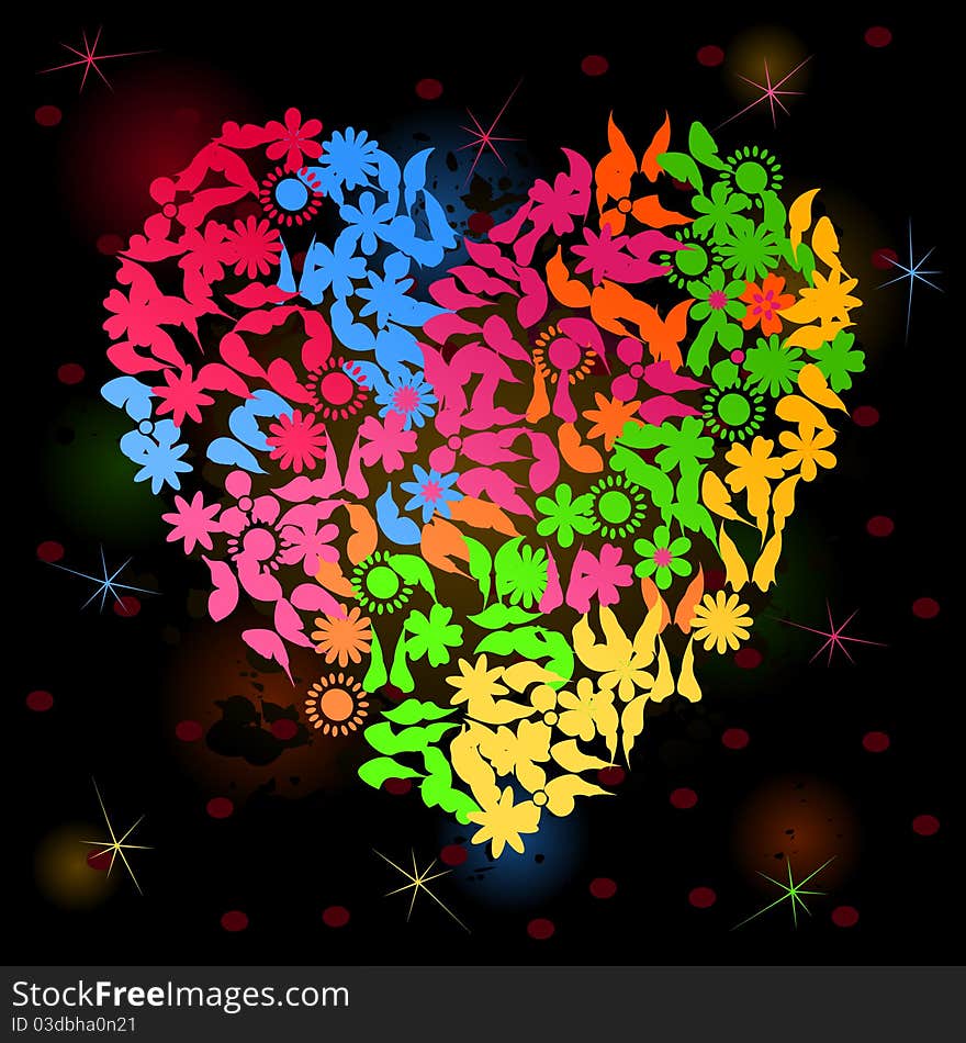 Heart from flowers and butterflies on a black background. A illustration. Heart from flowers and butterflies on a black background. A illustration