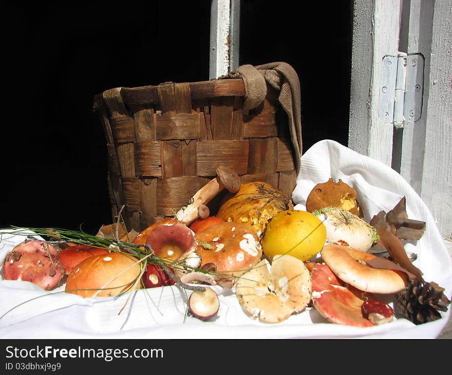 Mushrooms and a basket on a window