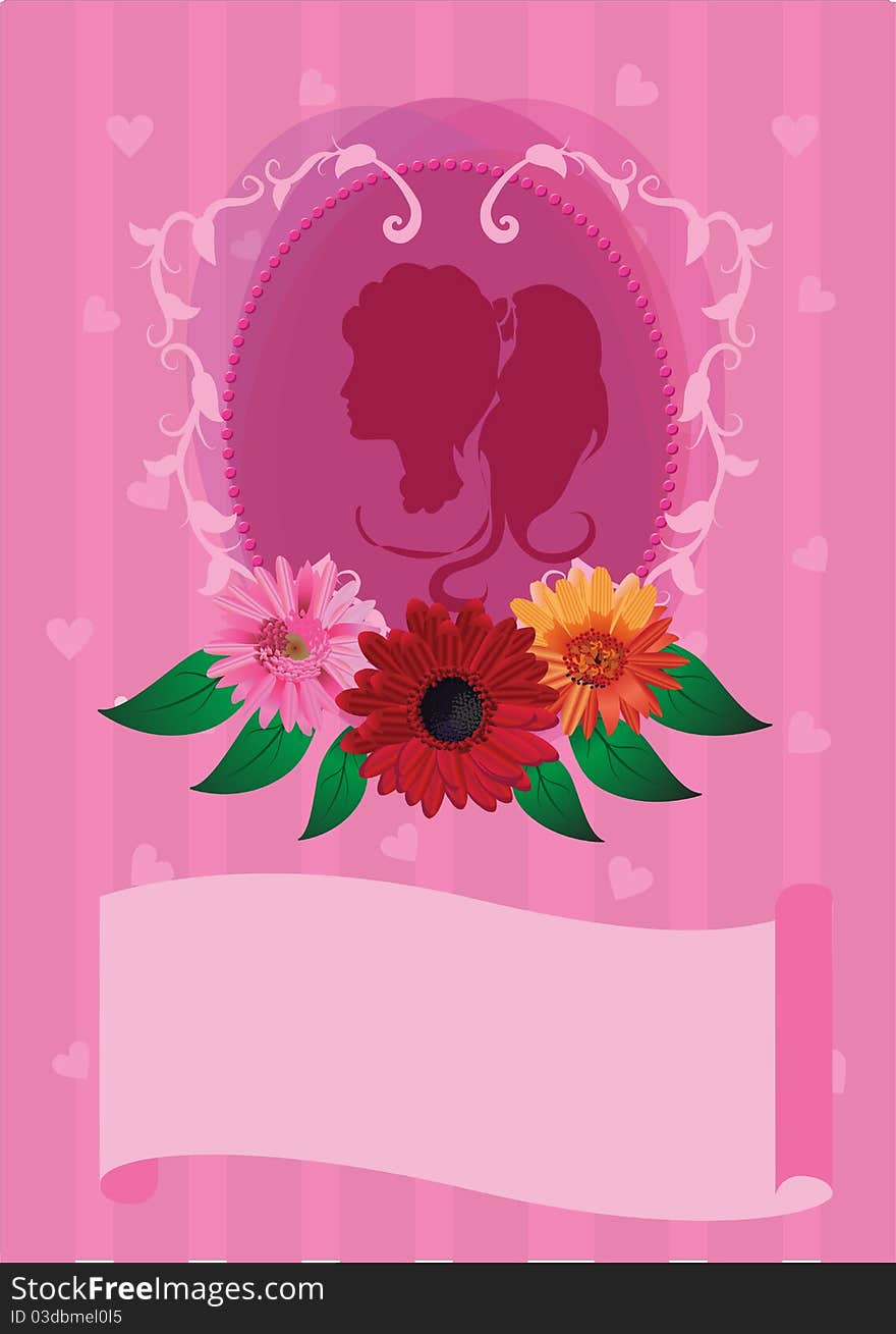 Invitation romantic card with girl silhouette and flowers