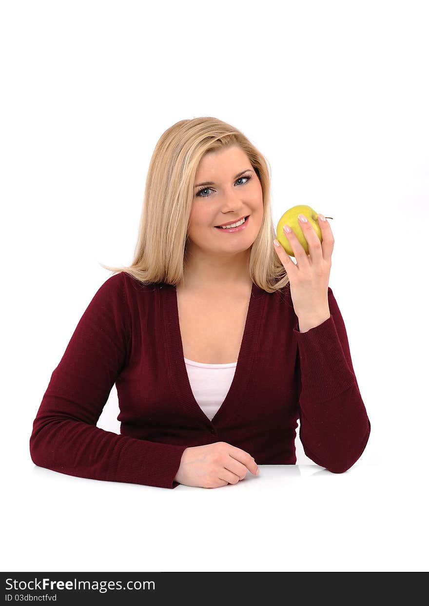 Pretty casual female with green apple. isolated