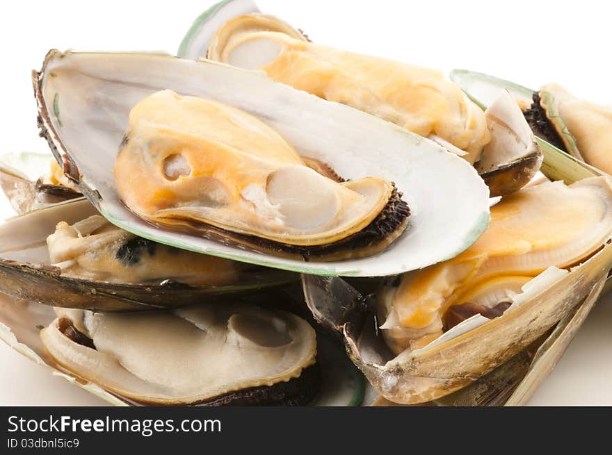 Cooked and prepared mussels ready to be eaten.