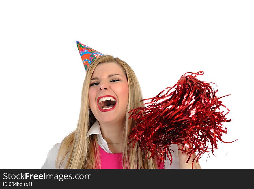 Pretty party female celebrating birthsday and having fun. isolated