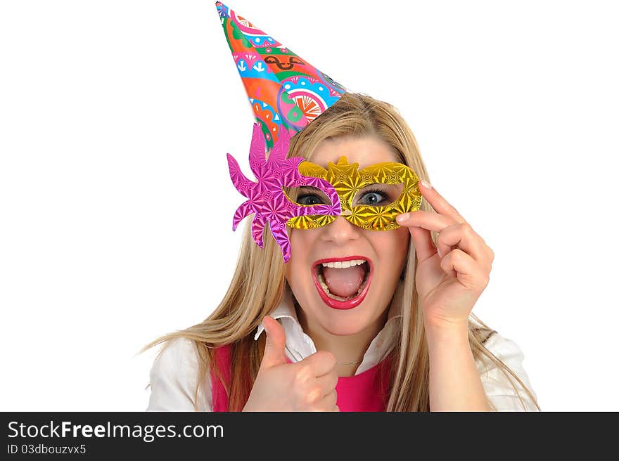 Pretty party female celebrating birthsday and having fun. isolated