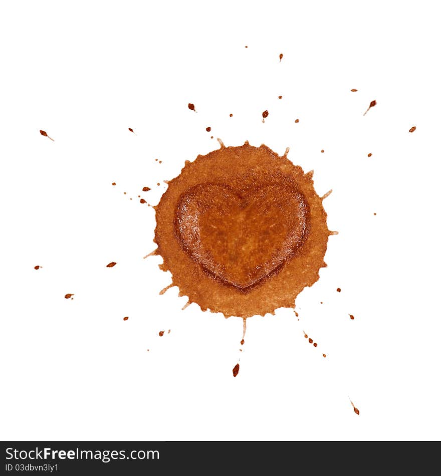 Close-up blot of coffee with heart - isolated on white background. Close-up blot of coffee with heart - isolated on white background