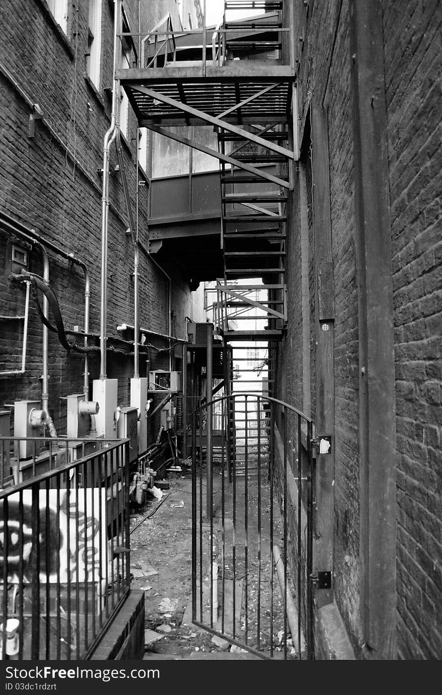 An old alleyway shown in black and white