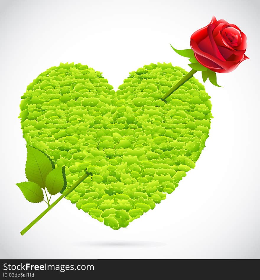 Illustration of grass heart with rose arrow across it