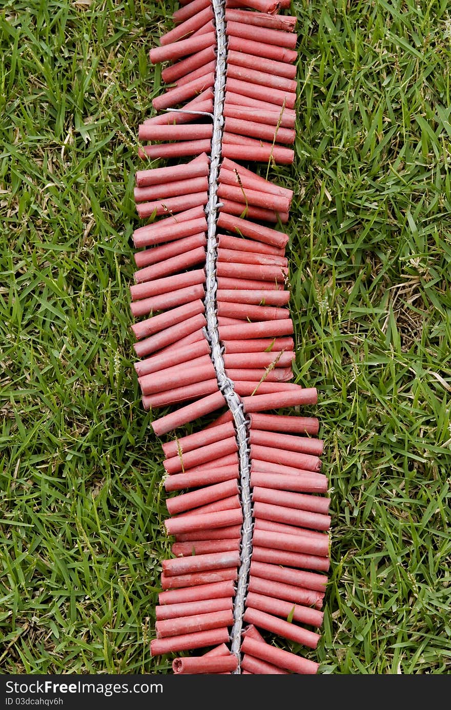 Red Firecrackers on green grass. Red Firecrackers on green grass.