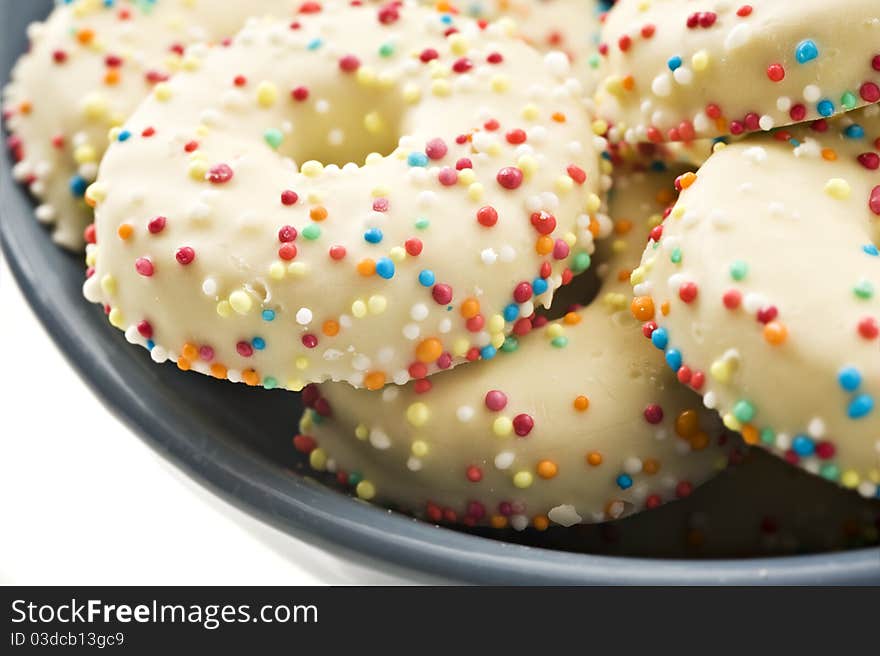 Decorated cookies in a bowl - close up