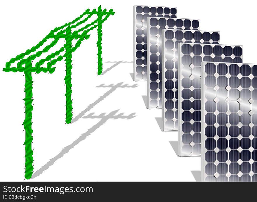 Illustration of a renewable energy producer, solar panels and power lines covered with green leaves