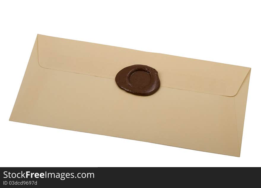 Envelope  with  sealing wax stamp, isolated on white background
