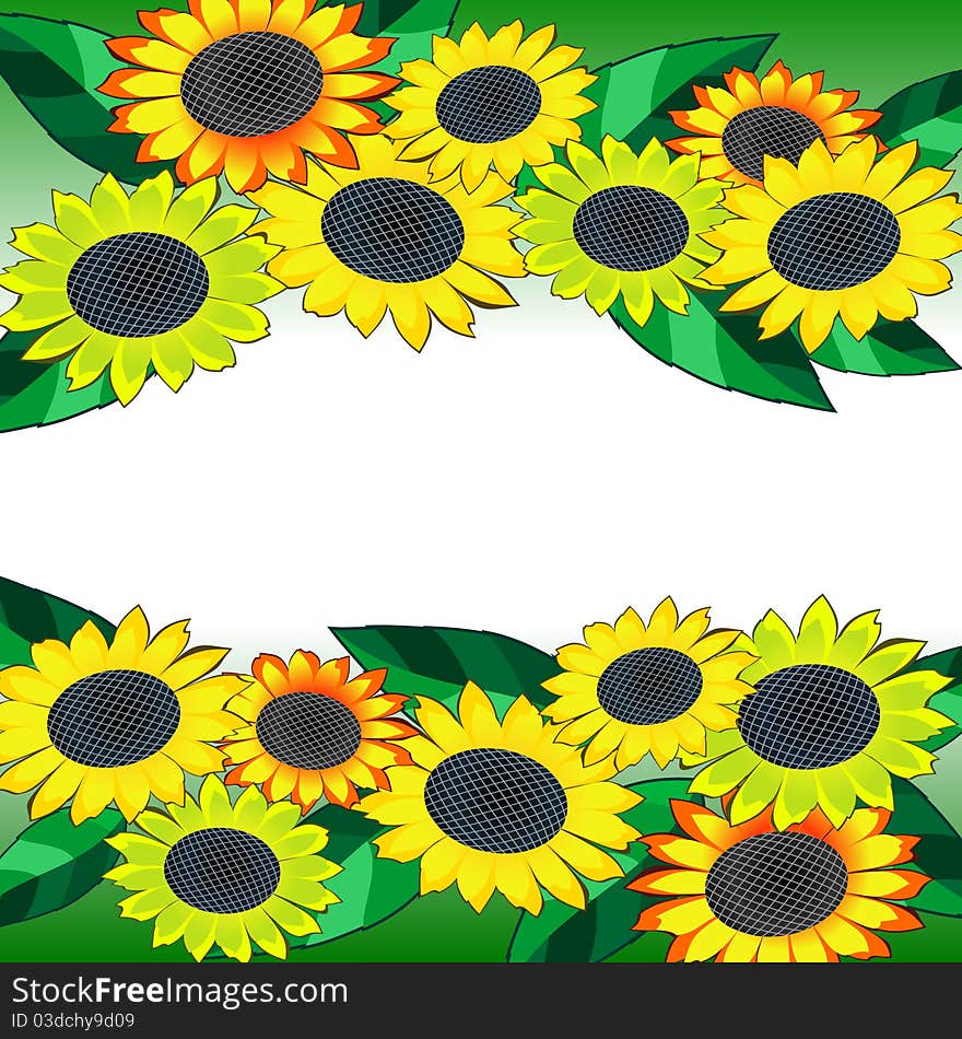 Horizontal background with colorful sunflowers and green leaves. Horizontal background with colorful sunflowers and green leaves