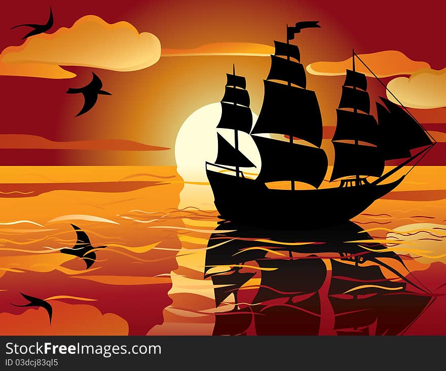 Sunset. sailing vessel in tranquil evening sea