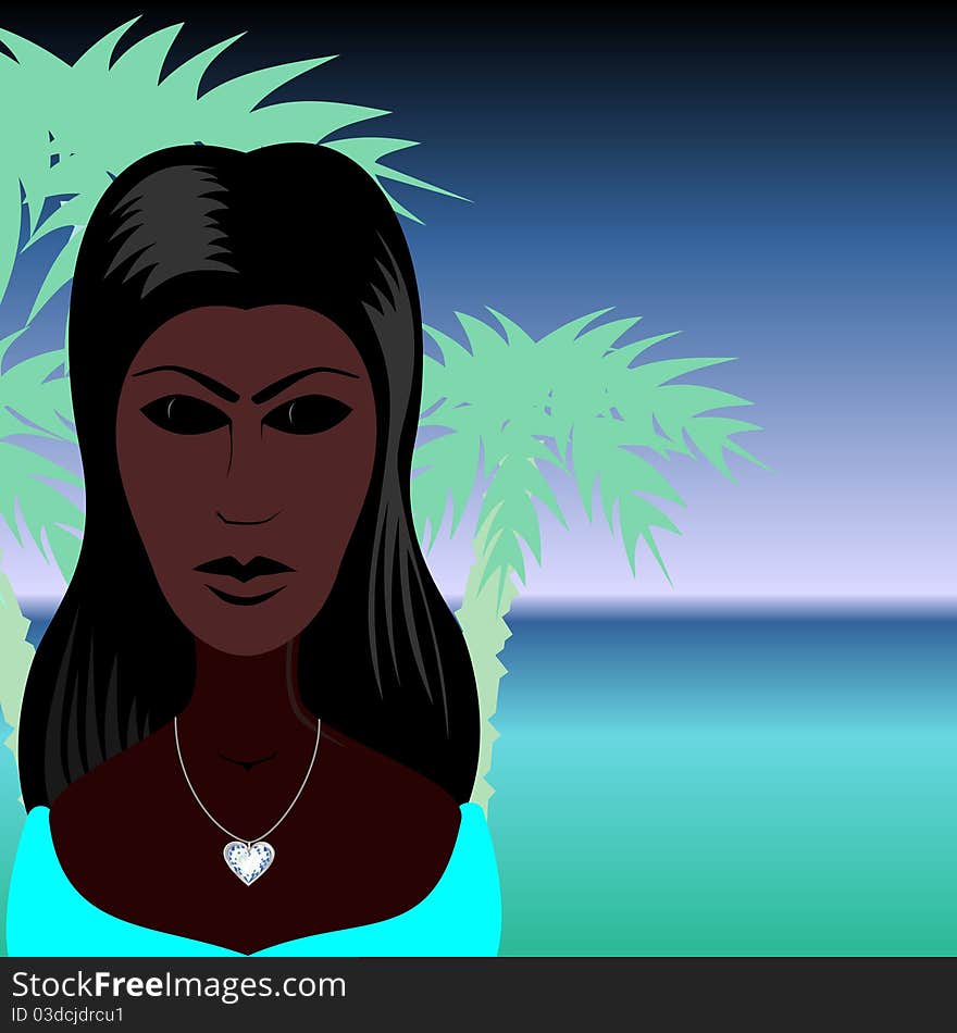 Marine background and young woman with brown skin and black hair. Marine background and young woman with brown skin and black hair