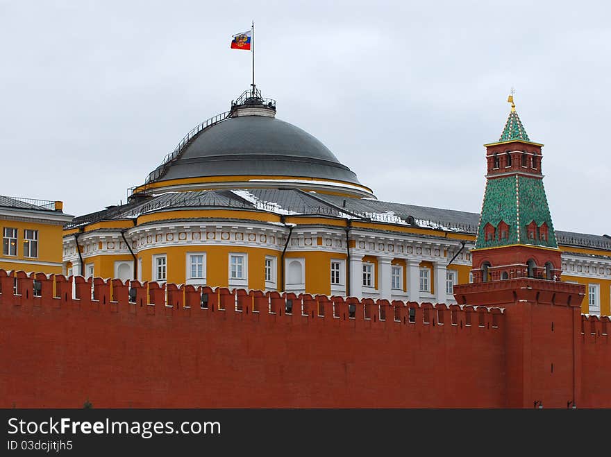 View at the Moscow Kremlin from red square. Senate edifice and the Senate tower.