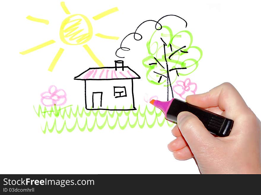 Hand drawing the house on a green grass near to a green tree under the sun isolated on white background. Hand drawing the house on a green grass near to a green tree under the sun isolated on white background