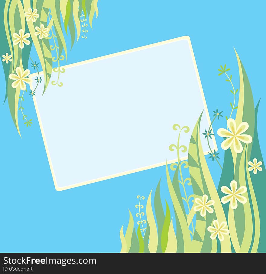 Greeting card spring background of greenery and flowers