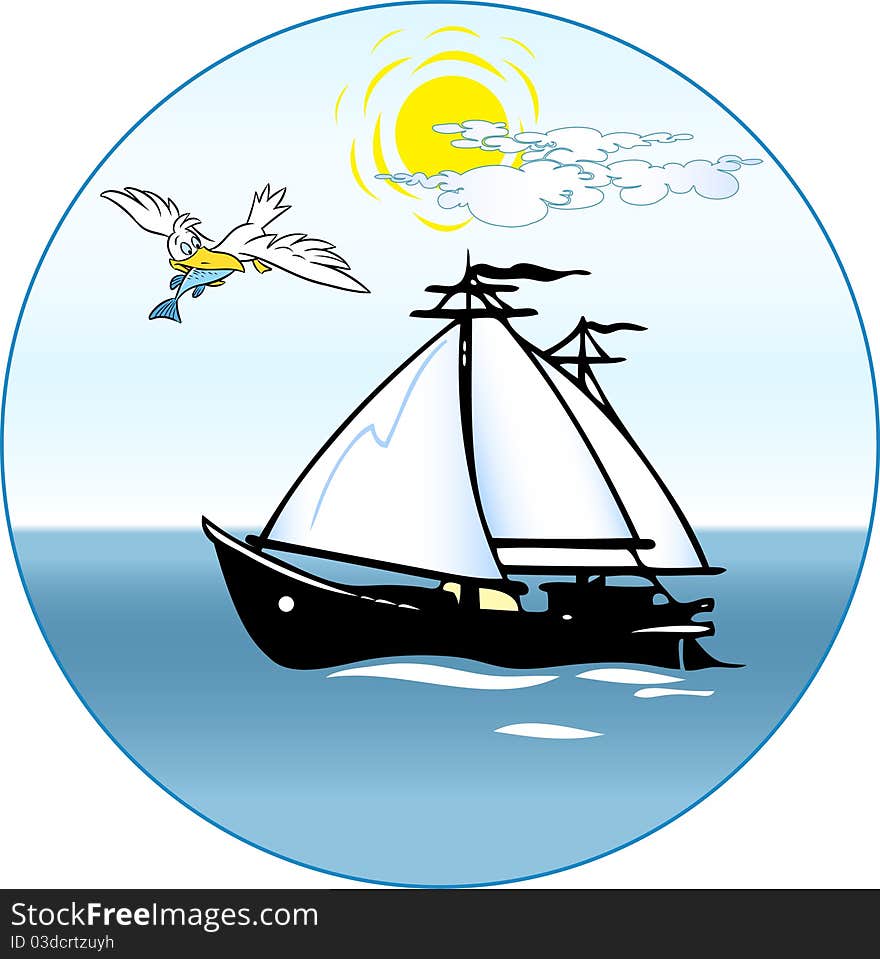 In the sea sailing not big white sail .It is day,the sea is calm.In blue sky fly the white big bird.An illustration is divided into layers.Additionally, black and white version in  format.Additionally, a vector EPS format.