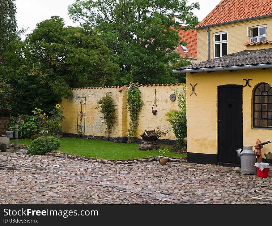 Traditional Danish country home with flowers