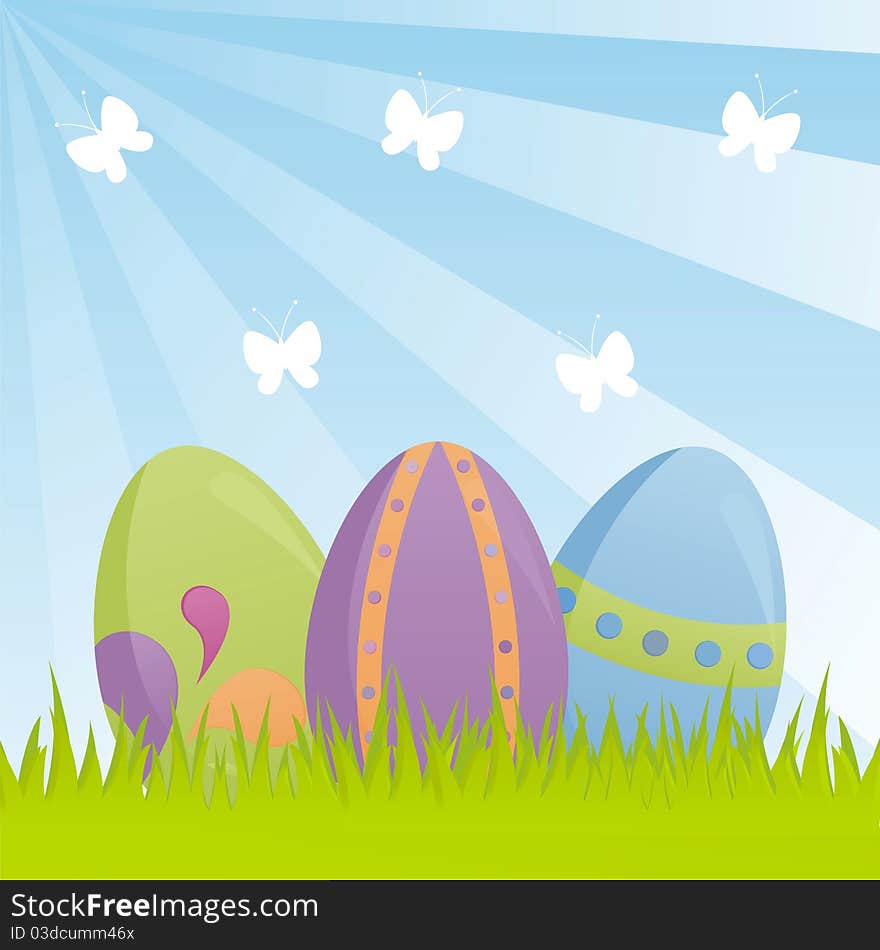 Colorful easter beggs over field background. Colorful easter beggs over field background