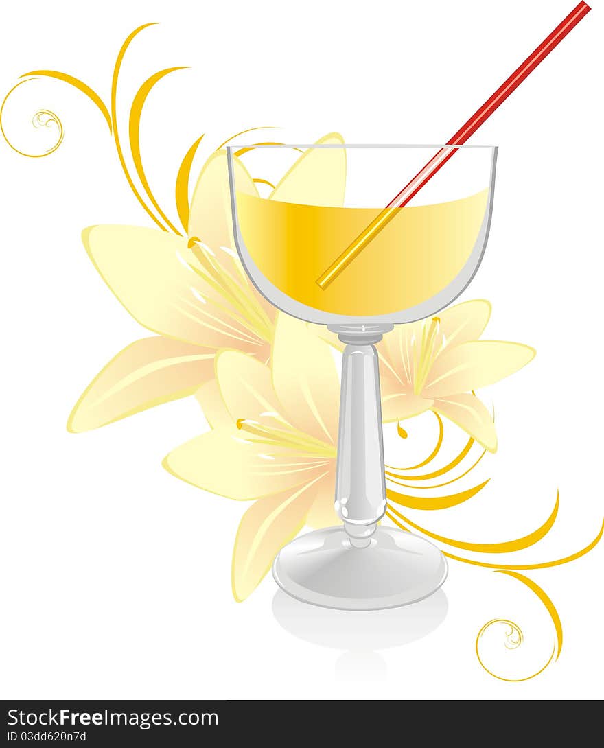 Glass With Cocktail And Bouquet Of Lilies