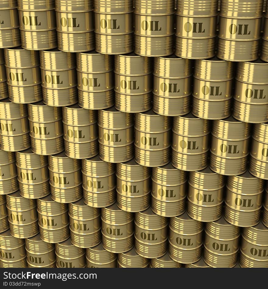 A wall of oil barrels as golden monolithic structure from higher perspective looking down. A wall of oil barrels as golden monolithic structure from higher perspective looking down