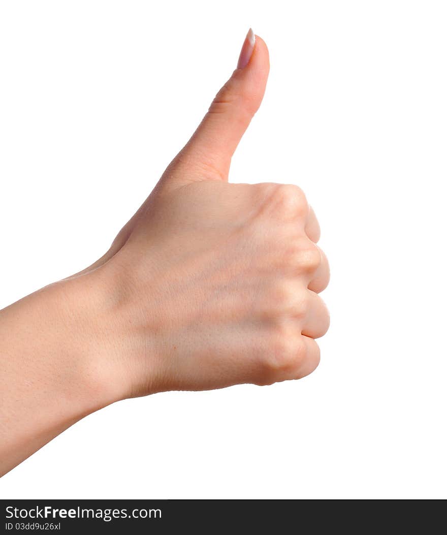 Woman hand showing thumbs up gesture isolated