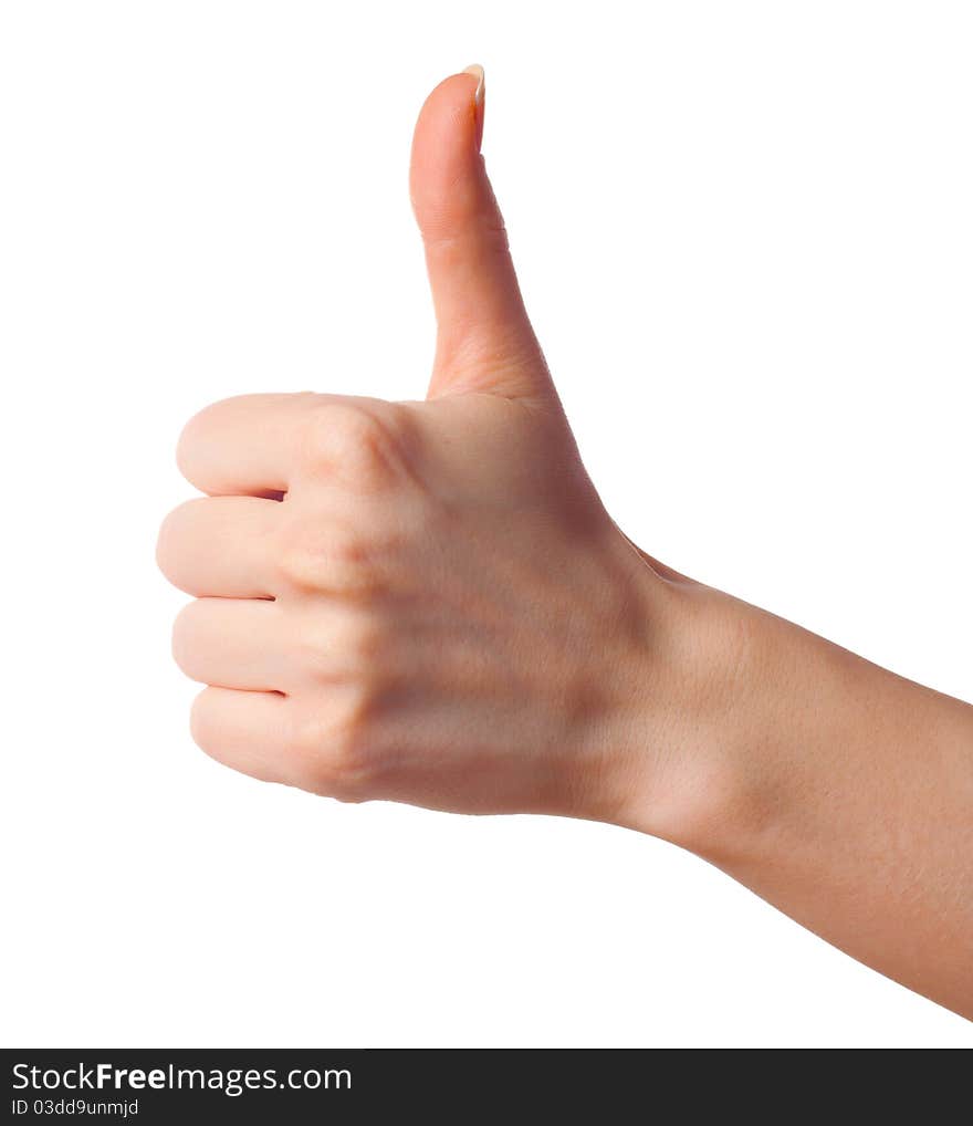 Woman hand showing thumbs up gesture isolated