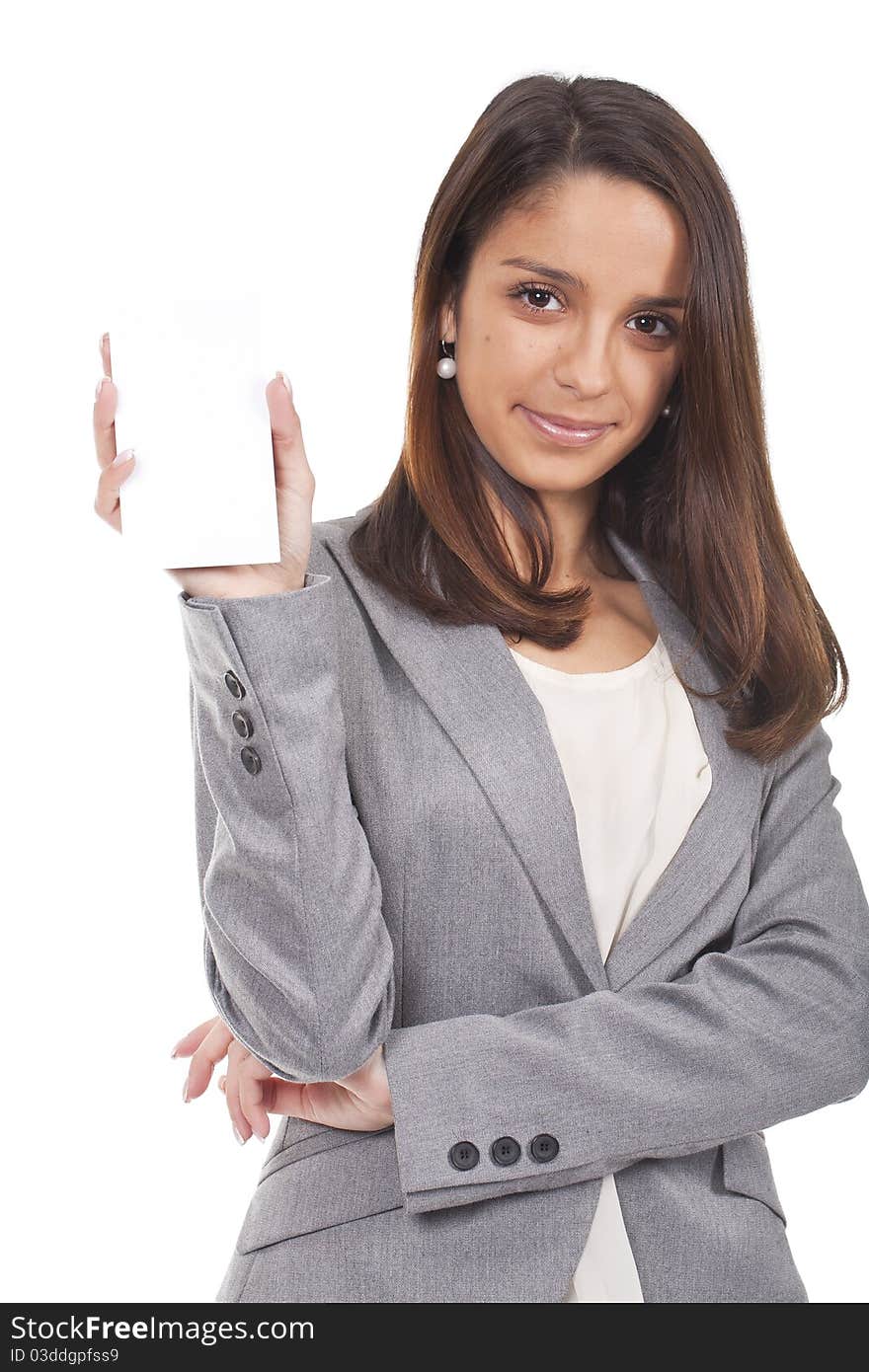 A beautiful woman holding an empty card. A beautiful woman holding an empty card