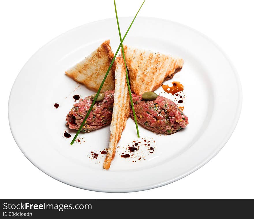 Toast and meat cutlet at white background. Toast and meat cutlet at white background