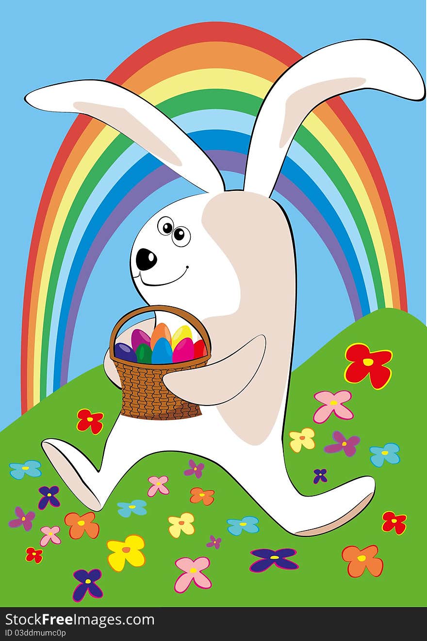 The easter rabbit bearing a basket of easter eggs