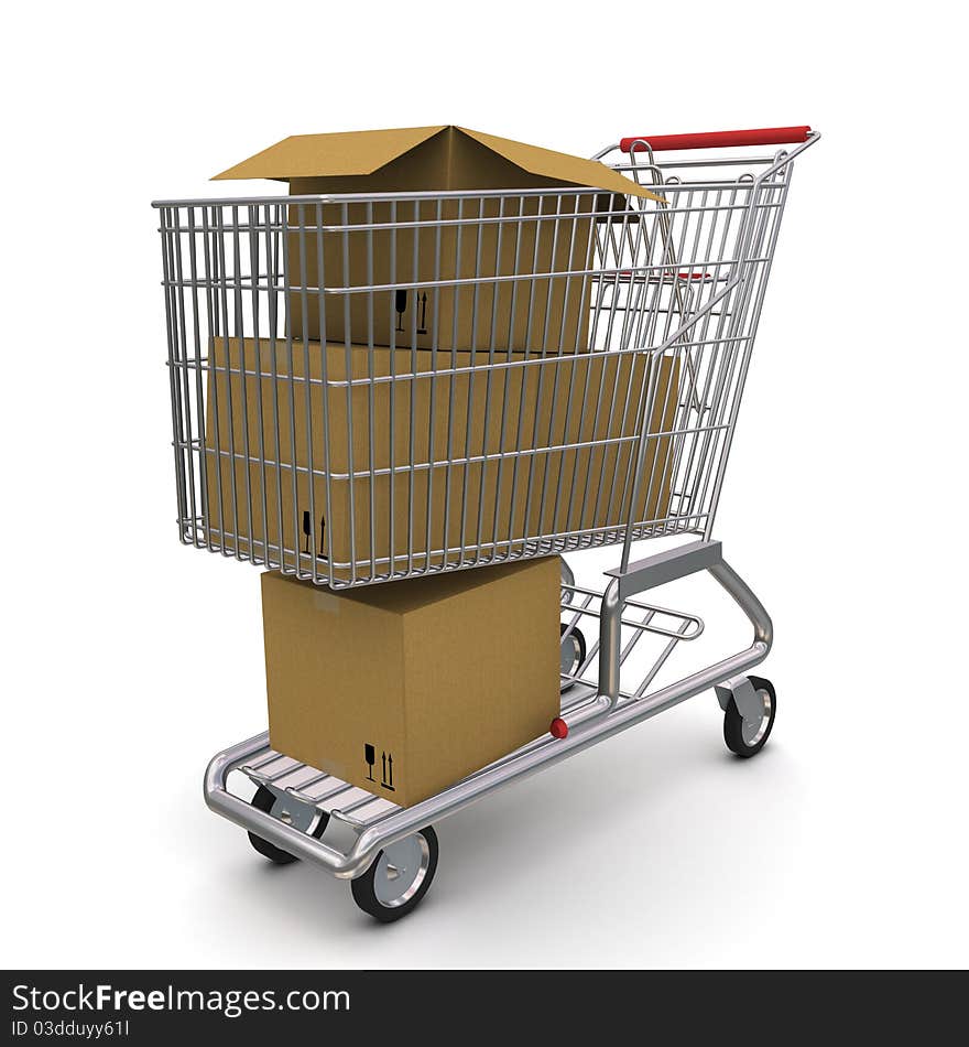 Trolley with an open cardboard box. 3d rendering on white background