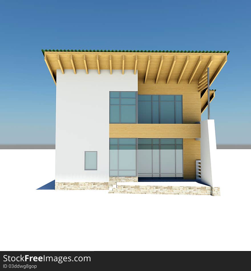 House with a green roof is on a white ground against the blue sky. front view